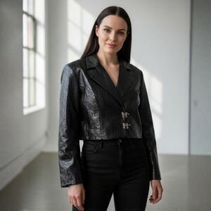 BADEE ✦ Faded ECO Vegan Leather Crop Jacket ✦ OS Black Croc Texture Oversized